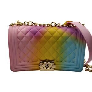 Rainbow Jelly Crossbody Bag - Multicolor Quilted Silicone Gold Chain